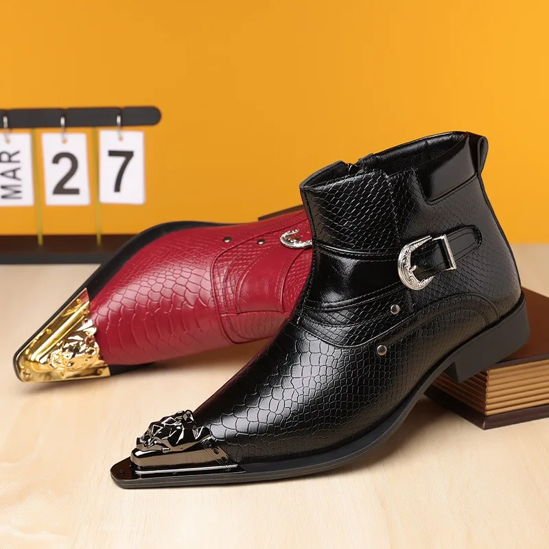 Punk Style Men Pointed Leather Shoe Star Designed Snake Print Stage Performance Party Boots Metal Pointed Motorcycle Cowboy Boot