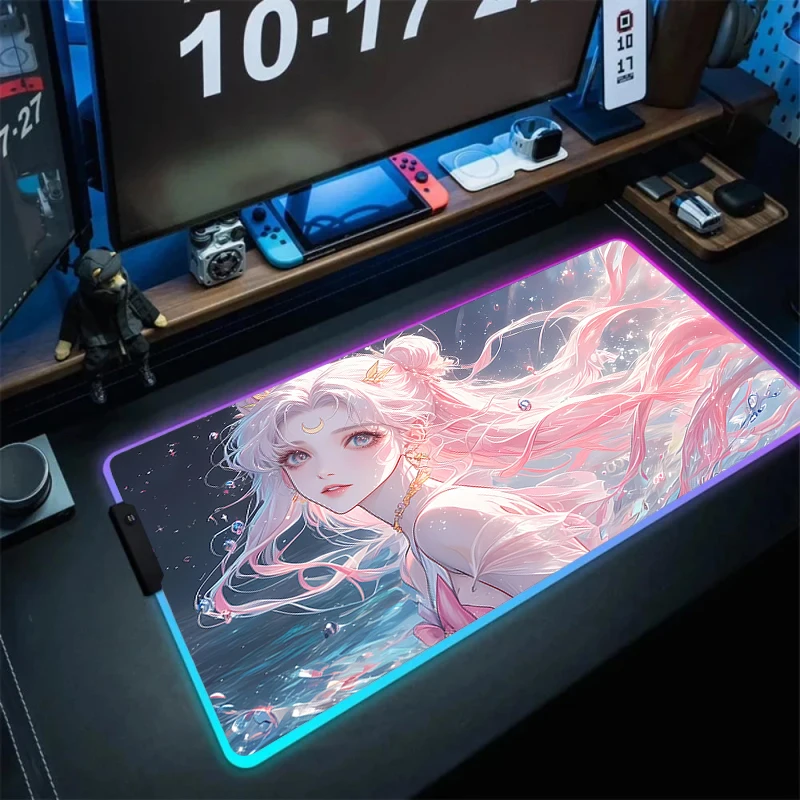 Rgb Pink Mousepad 900x400 Led Lighting Kawaii Office Carpet Xxl Anime Girls Accessories Dask Table Mats HD Print Cute Mouse Pad