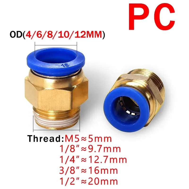 PC Air Pneumatic Fitting Quick Connector 4-m5 4-M6 4mm 6mm 8mm 10mm 12mm Male Thread 1/4 1/2 1/8 3/8 Compressed Hose Tube Pipe