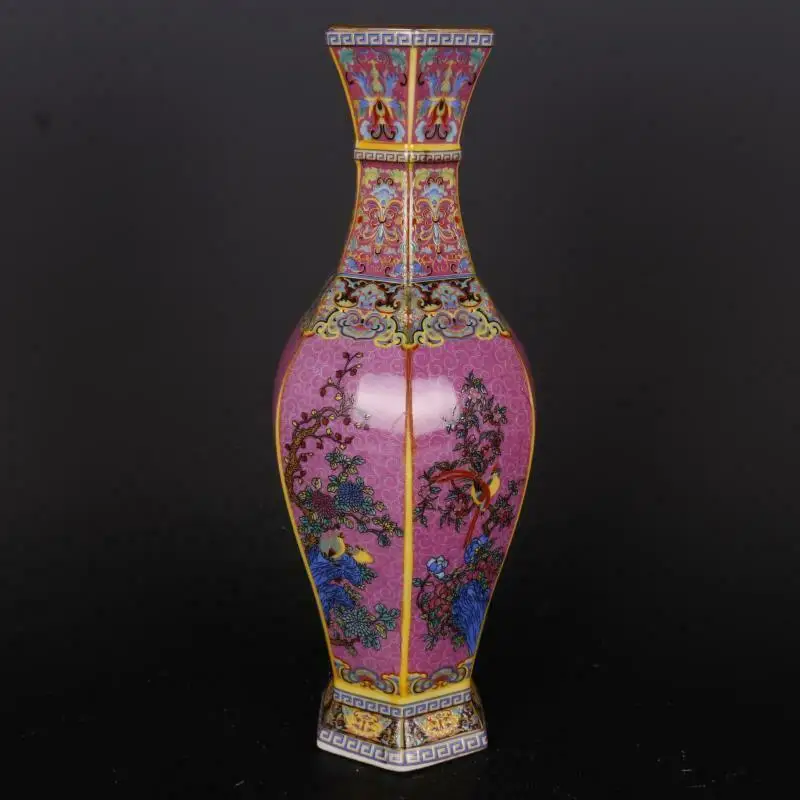 Chinese Colour Enamel Porcelain Qing Yongzheng Six Sides Flower Bird Design Vase