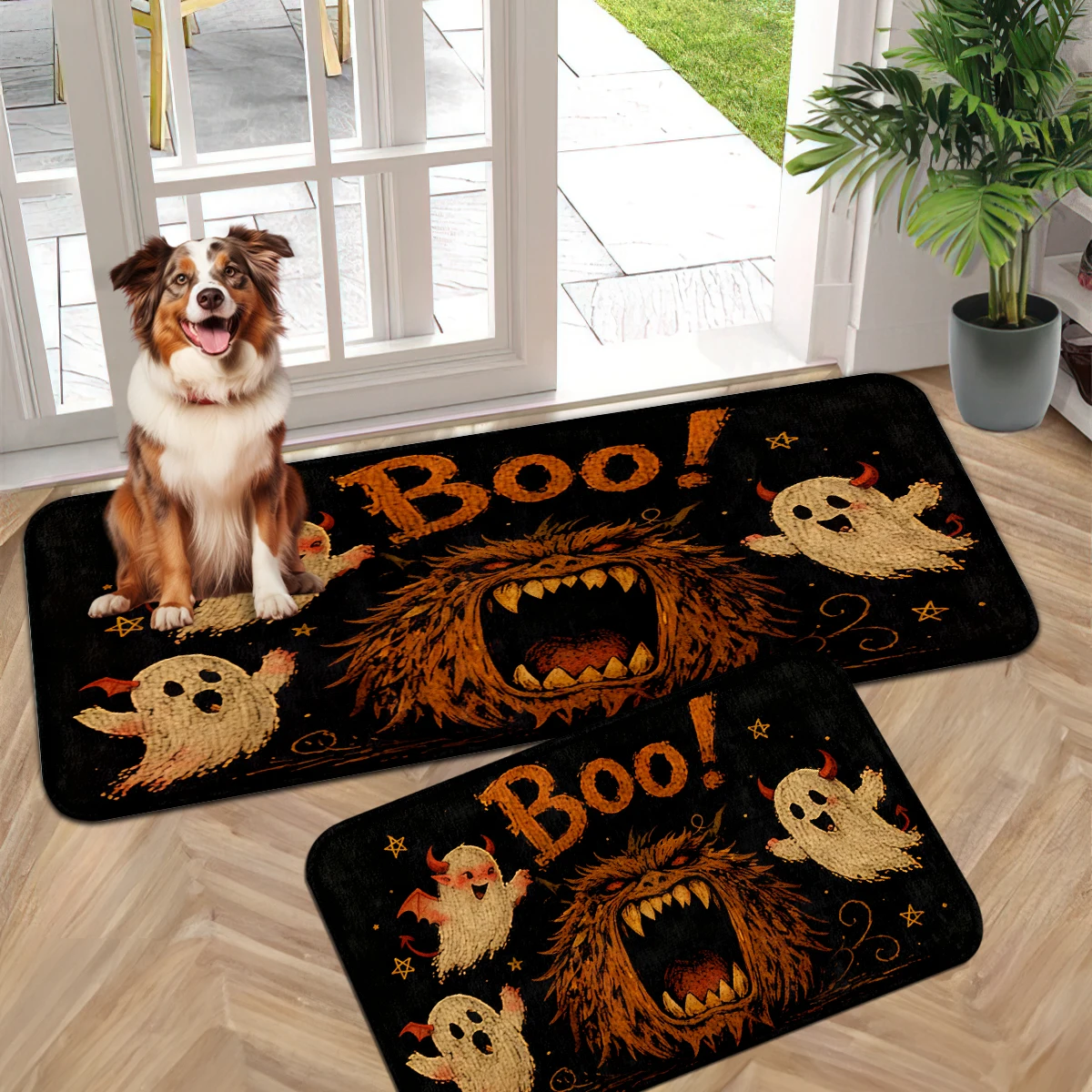 Pumpkin Ghost Bat Skull Doormat, Sweet Cool Vintage Halloween Mat, Bat Skull Star Home Rug, Black Green Cartoon Non-Slip Rug.