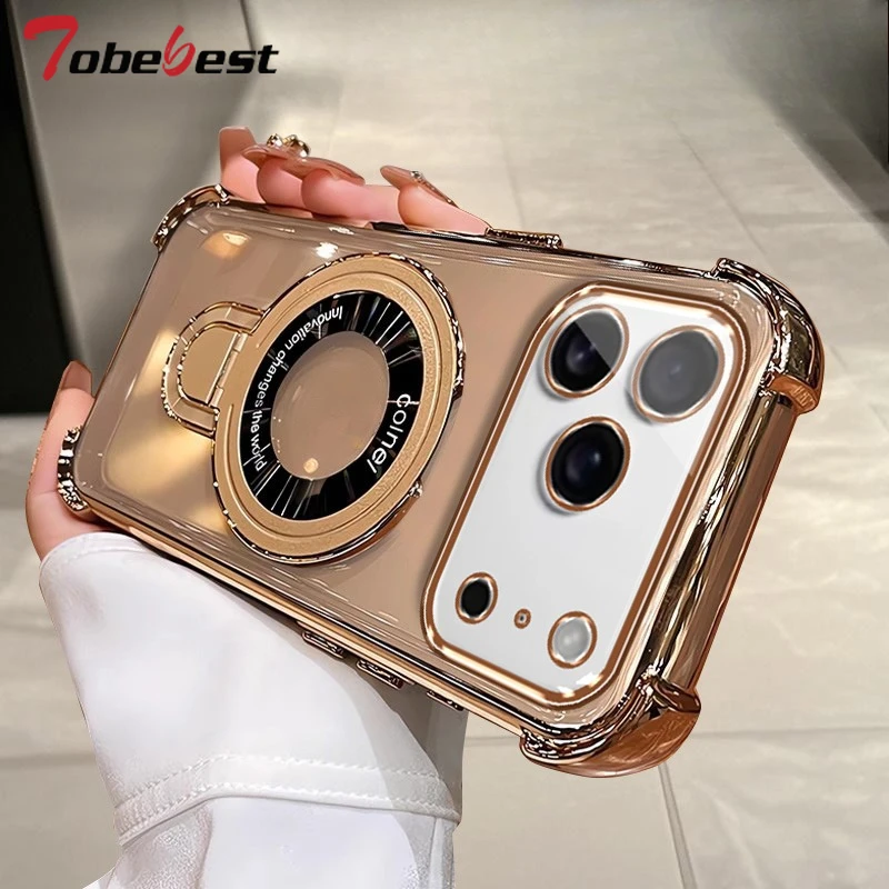 Capa magnética transparente à prova de choque com suporte magsafe para iphone 17 air 16 16e 15 14 plus13 12 11 pro xs max xr capa de silicone