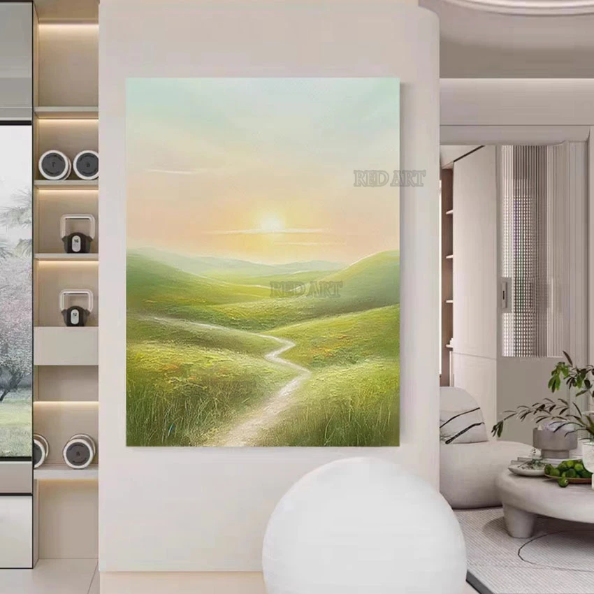 Landscape Canvas Wall Decor, Picture Art, Hand-painted Abstract, Oil Painting, Panel Set, Grassland Sunrise,Hotel Corridor Decor