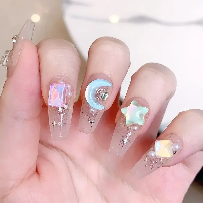 10Pcs Handmade Press on Nails Long French Ballet Fake Nails with 3D Ocean Moon Rhinestone Design False Nail Full Cover Nail Tips