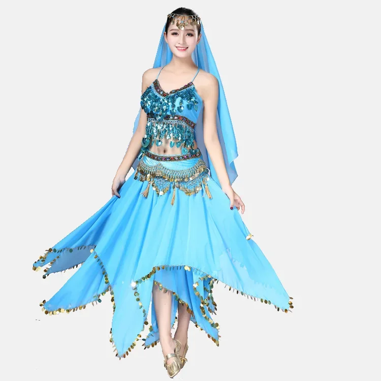 Women Bollywood Belly Dance Costumes Dance Clothing Indian Adult Bellydance Performances 3 Pcs/set Shell + Bead Skirt Chiffon