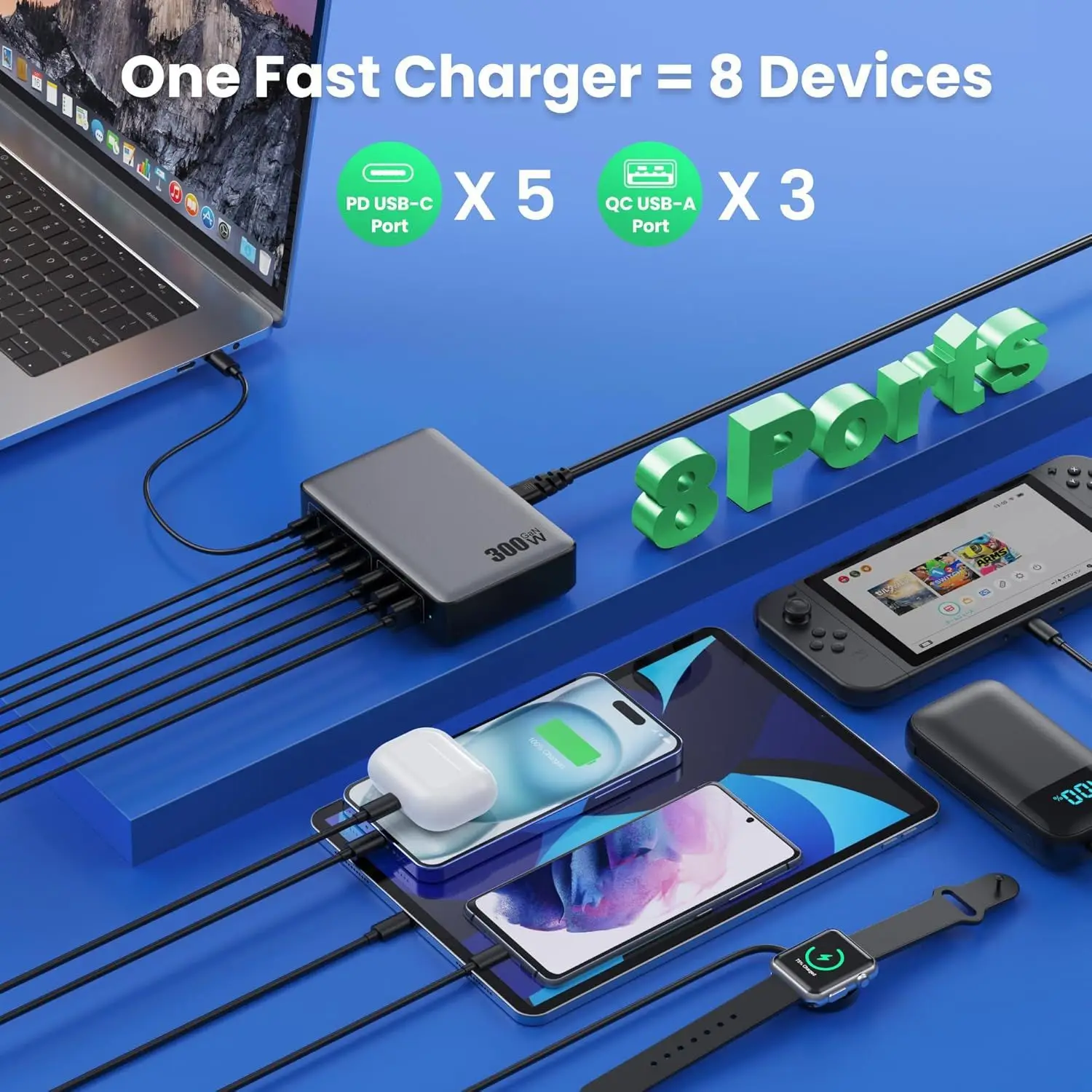 300W GaN Charger Desktop Charging Station, 20V5A High Power Fast Charger for Laptop Tablet Phone Multi-Device Charging Hub