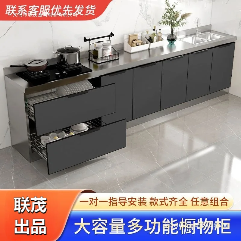 Stainless steel  one-shaped sink  cupboards simple rental storage kitchen  stove complete set