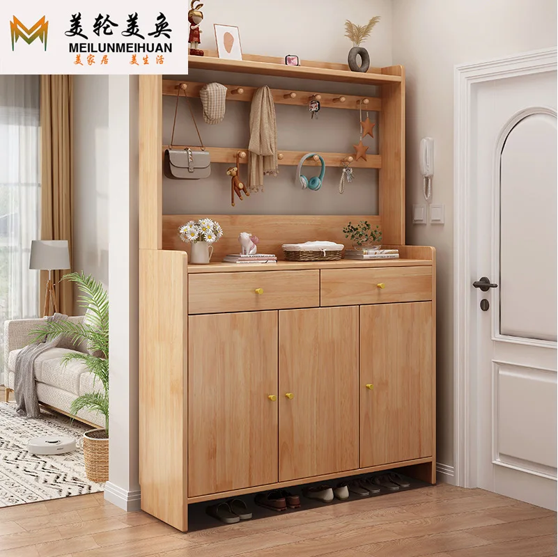 Household Solid Wood Shoe Cabinet Water-based Paint Nordic Modern Small Apartment Multi-functional Storage Entrance Cabinet