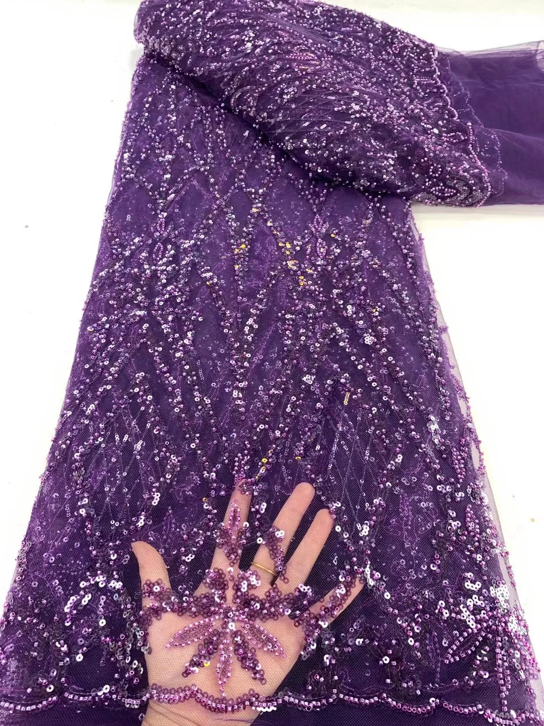 

Nigerian New Listing Purple Beaded Mesh Lace High Quality French Sequins African Bride Lace Fabric For Luxury Wedding Party 202