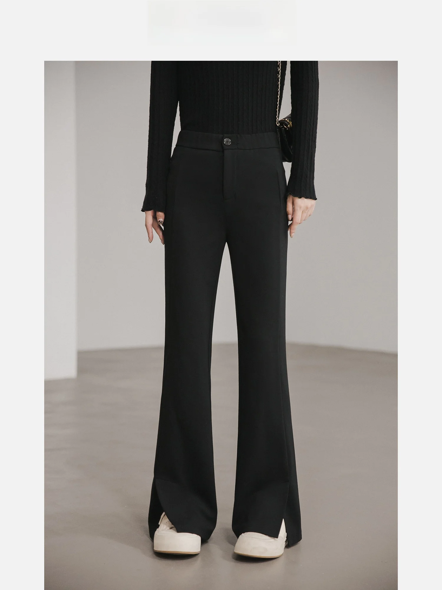 

Женские зимние брюки-клеш из флиса с высокой талией, эластичные, черные, в корейском стиле, новинка, повседневные, с высокой эластичностью