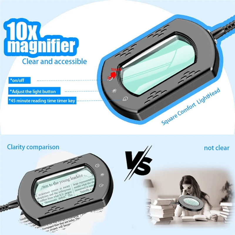 ABKO-Schwanenhals-LED-beleuchtete Schreibtischlampe mit 10-facher rechteckiger Lupe, inklusive Ständer – flexible 5 Farbmodi