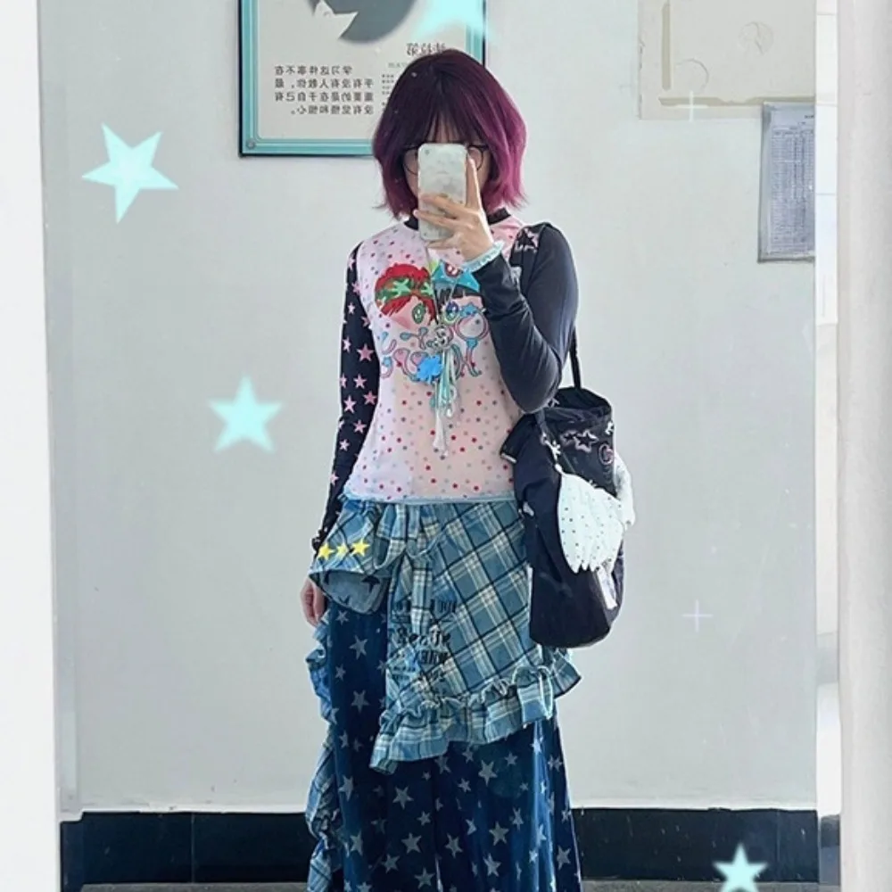 طبقة النجوم وتتسابق منقوشة تنورة قميص موسع الهيب هوب الدانتيل يصل وشاح الورك الحلو الكورية نمط تكدرت حافة حزام الشارع الشهير