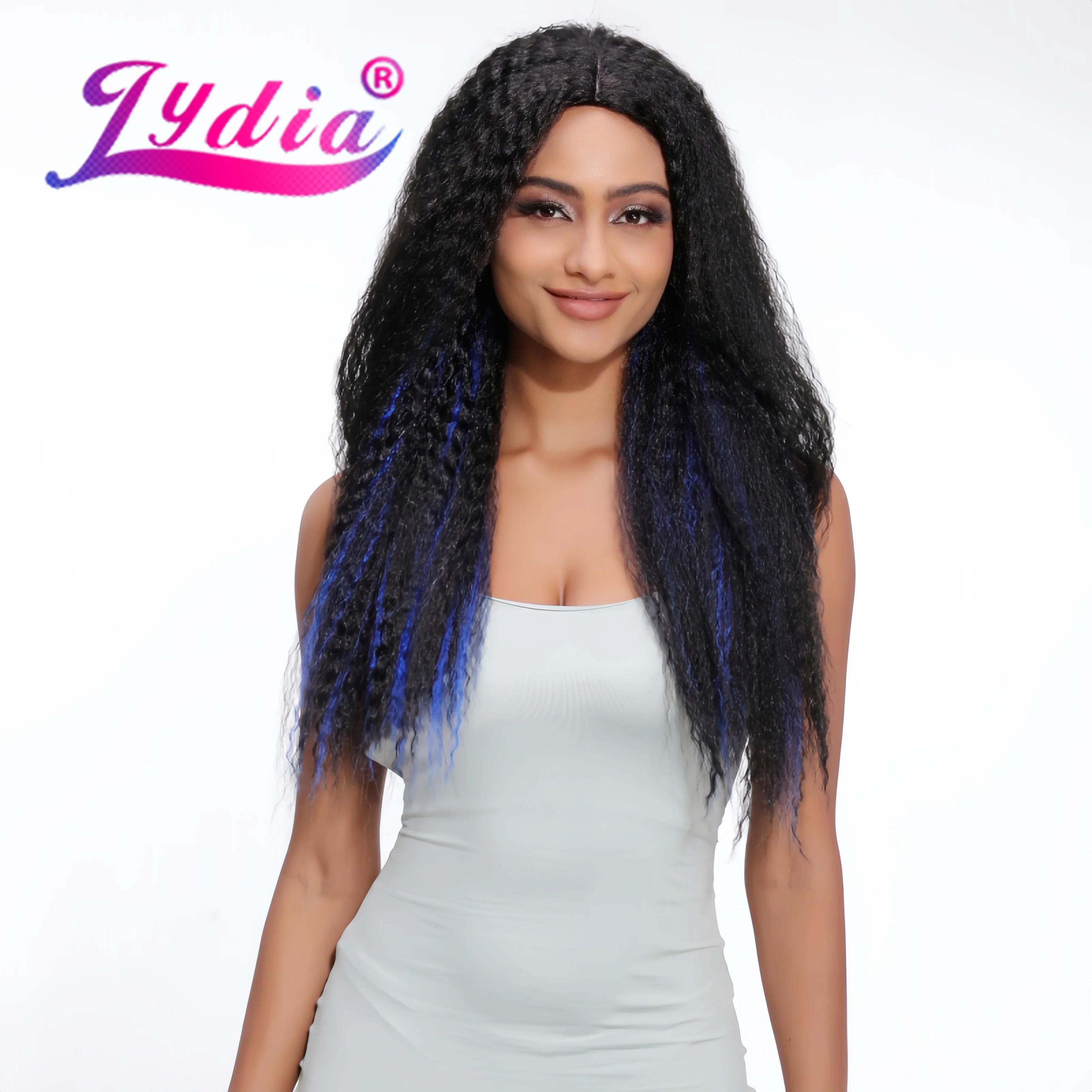 Lydia 20Inch Long Kinky Curly Wavy Synthetic Cosplay Wigs Skin Topper Heat Resistant Mixed 1B/Blue All Color Available Women