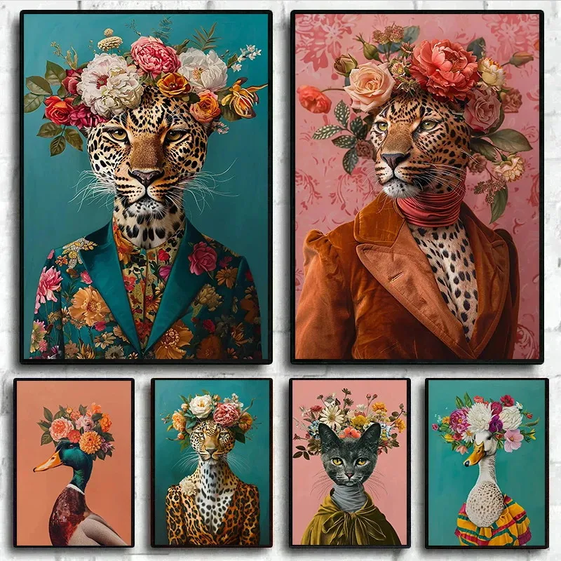 Pôster Colorido com Retratos de Animais, Guepardo, Pato, Gato, Coruja, Impressões em Lona, Arte de Parede para Decoração
