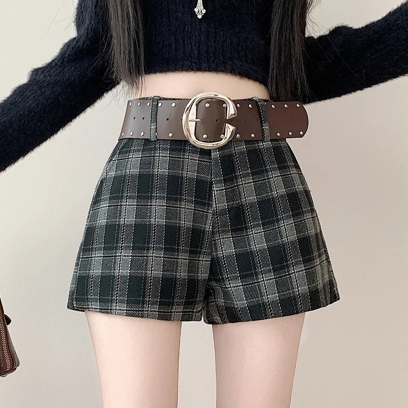 Winter Wollen Hoge Taille Shorts Vrouwen Vintage Plaid Shorts Broek Vrouwelijke Koreaanse Mode Slim Fit Uitloper Kort Met Riem 2025