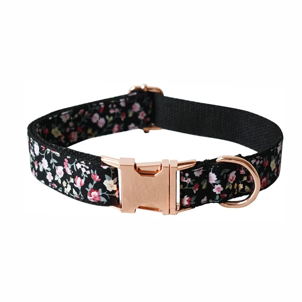 Personalized Black Flower Pet Collar Puppy Cat ID Tag Adjustable Custom Name Rose Gold Buckle Orange Basic Dog Collars Leash