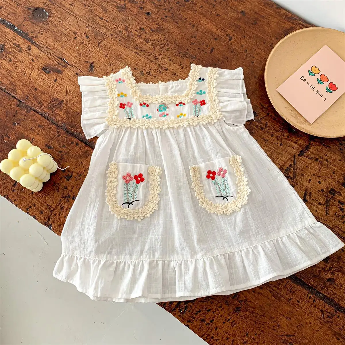 Summer New Full Body Embroidered Colorful Little Flower Flying Sleeve Dress For Girls Korean Cotton Dress