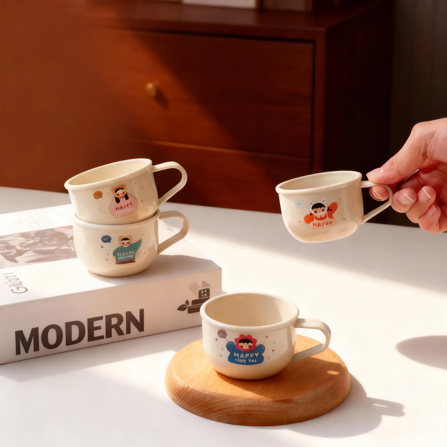 

Утолщенная прочная мини-чашка для воды с ручкой, пластиковая/304 кружка для молока из нержавеющей стали, портативная милая мультяшная детская обучающая чашка для питья