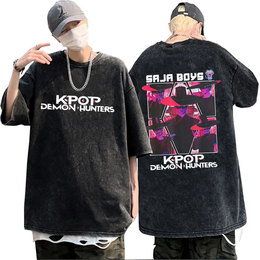 

Washed Vintage Movie KPop Demon Hunters Saja Boys Graphic T-shirt Men Women Clothing Korean Fashion Trend Short Sleeve T Shirt