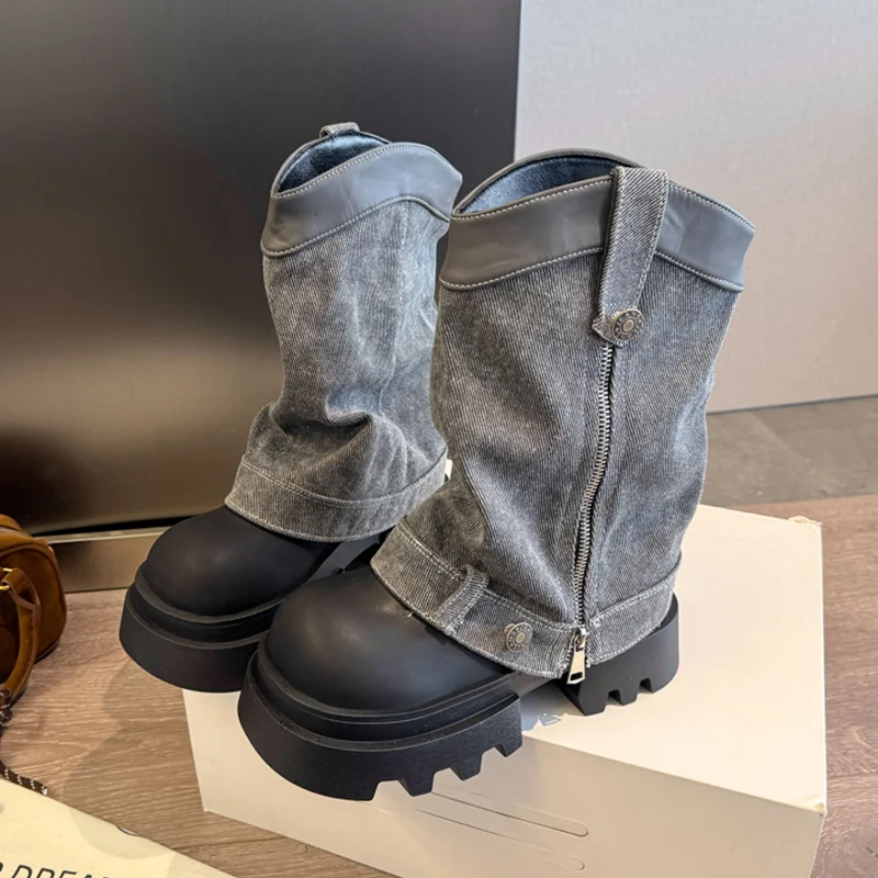 

Platform Cowboy Women's Boots Mid Heels Designer Mid Calf Shoes 2025 Fashion New Motorcycle Boots Walking Trend Mujer De Botas