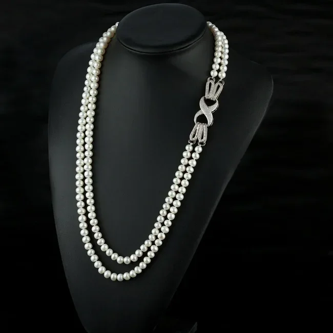 

Hot sell Natural 7-7.5 mm white freshwater pearl necklace eight buckles multilayer sweater chain long fashion jewelry