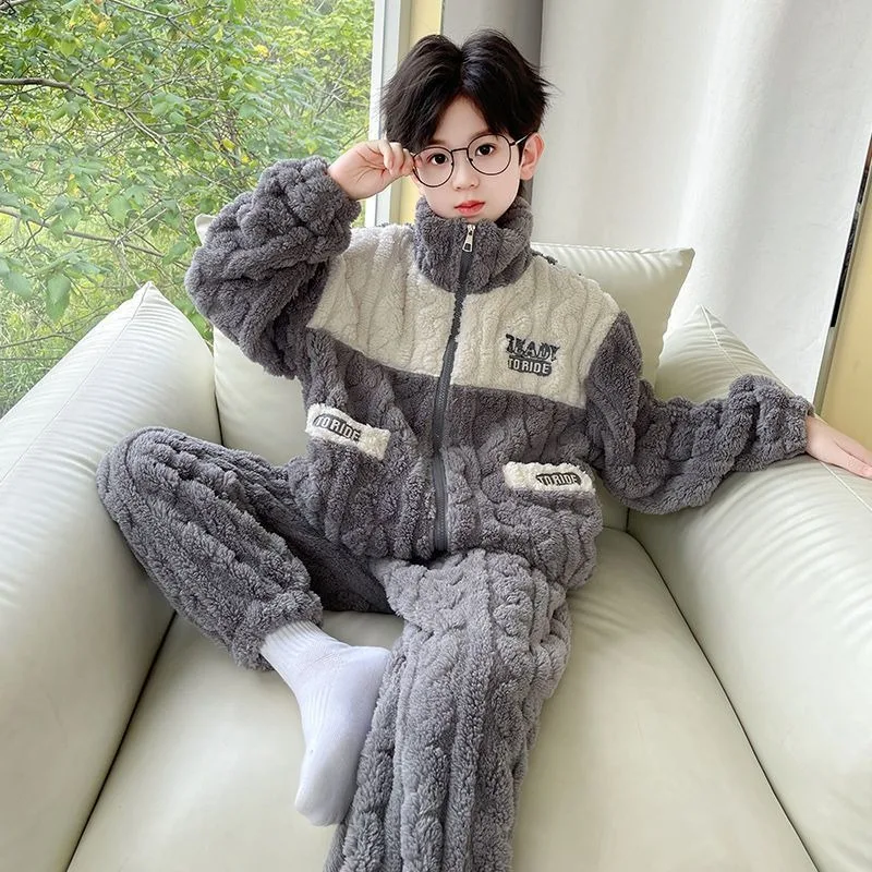 Boys' Coral Fleece Pajama Set Thickened Winter 2025 Big Kids Sleepwear Warm Flannel Home Wear for Toddler Boys
