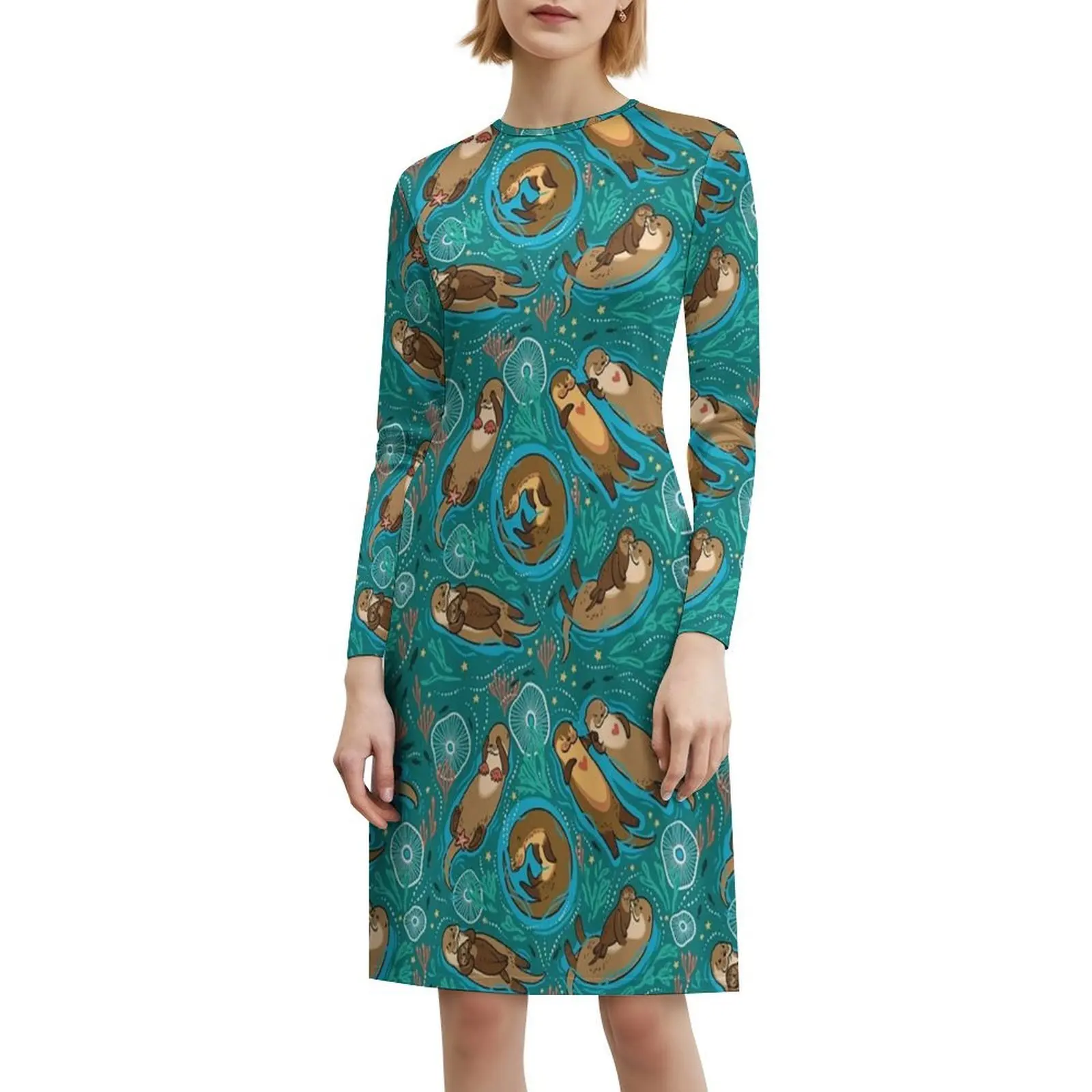 فستان حفلات أنيق للنساء من Otters فستان على شكل حرف a مع خيارات قصيرة/طويلة/بدون أكمام نمط Otter Animal Aquatic Family Fun #6