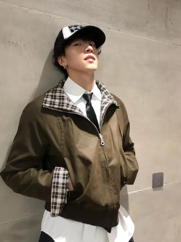 

Vintage American Retro Deep Brown Men's Jaet Spring Autumn Plaid Splicing Collar Zipper ort Warm Casual Faion Coat