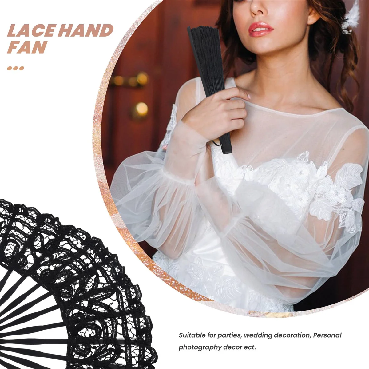 Handmade Cotton Lace Folding Hand Fan for Party Bridal Wedding Decoration (Black)