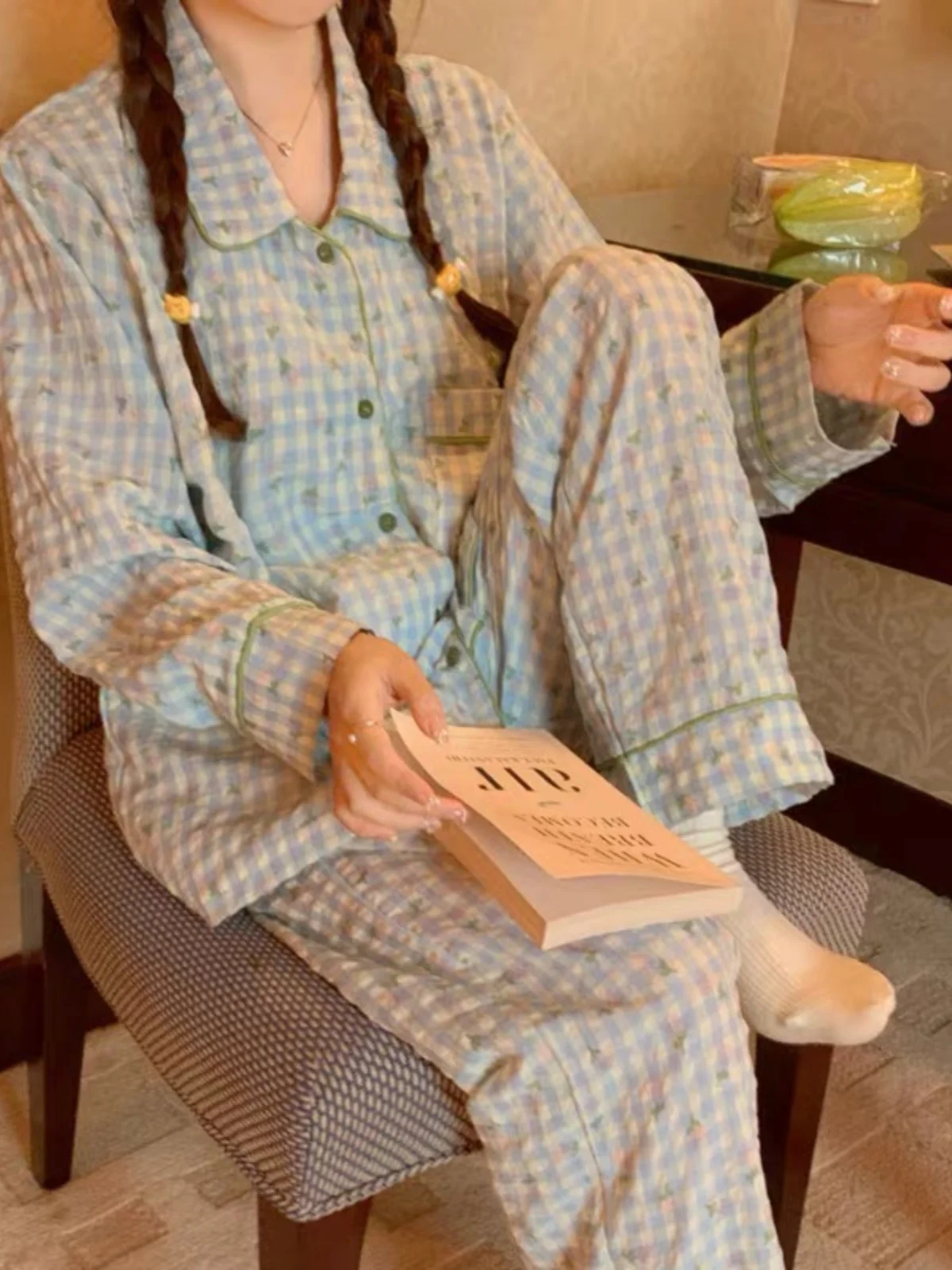 

Spring Autumn Plaid Floral Print Long Sleeve Sleepwear Set Women's Home Clothes Comfortable Cloud Cotton Polyester Fiber