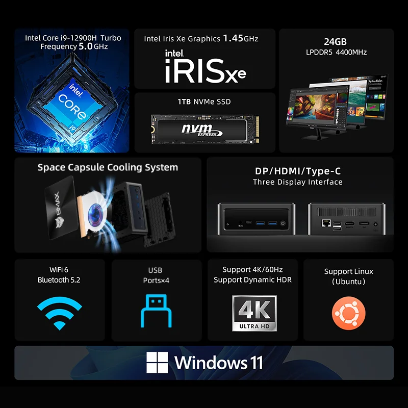 BMAX-Mini PC B9 Power Intel Core i9-12900H, 14 n evropedadosгаelier. 5,0 GHz, 24 GB LPDDR5 RAM, 1 TB SSD, WiFi 6, Bluetooth 5,2, compatibel