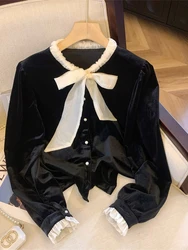 Women's Black Gothic Bow Shirts Blouses and Sweater Y2k Aesthetic Vintage Korean 2000s Elegant Long Sleeve Shirt Clothes Autumn