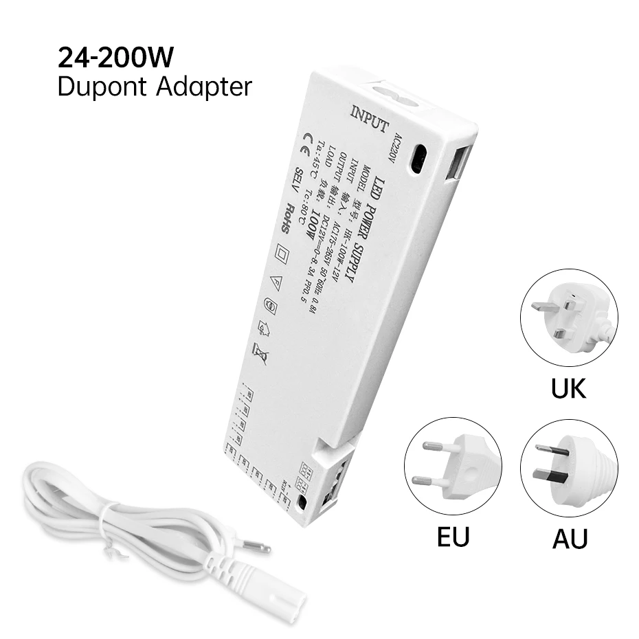 

AC 220V To DC12V DC24V EU AU UK Адаптер питания 24W 36W 60W 100W 150W 200W Трансформатор драйвера светодиодной ленты с 2-контактным портом