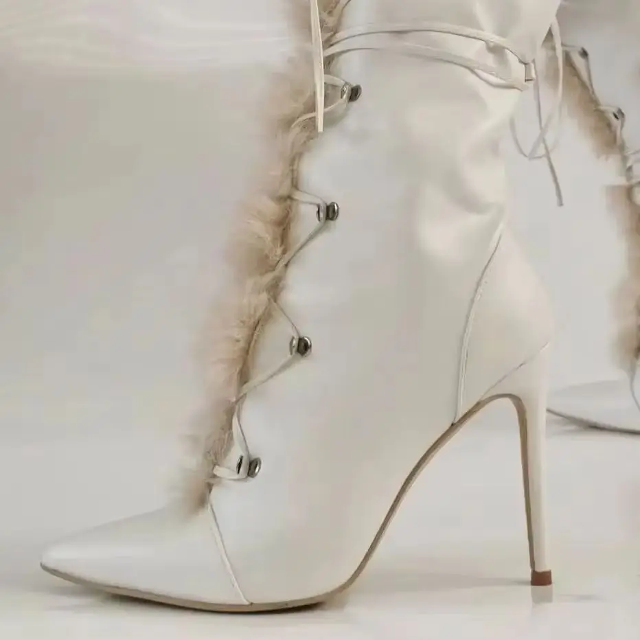 White Leather Pointed Toe Thin Heel Fashion Fleece Warm Boots 2026 Winter New Knee-High Boots Zipper Cross Lace-Up Long Boots