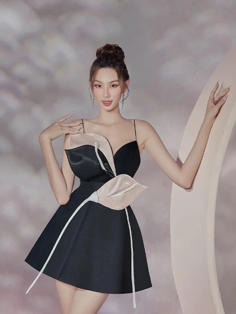 Vestidos de tirantes ajustados con retazos de flores en 3D, vestido negro sin mangas de primavera para mujer, minivestido camisola de cintura alta con cremallera para verano