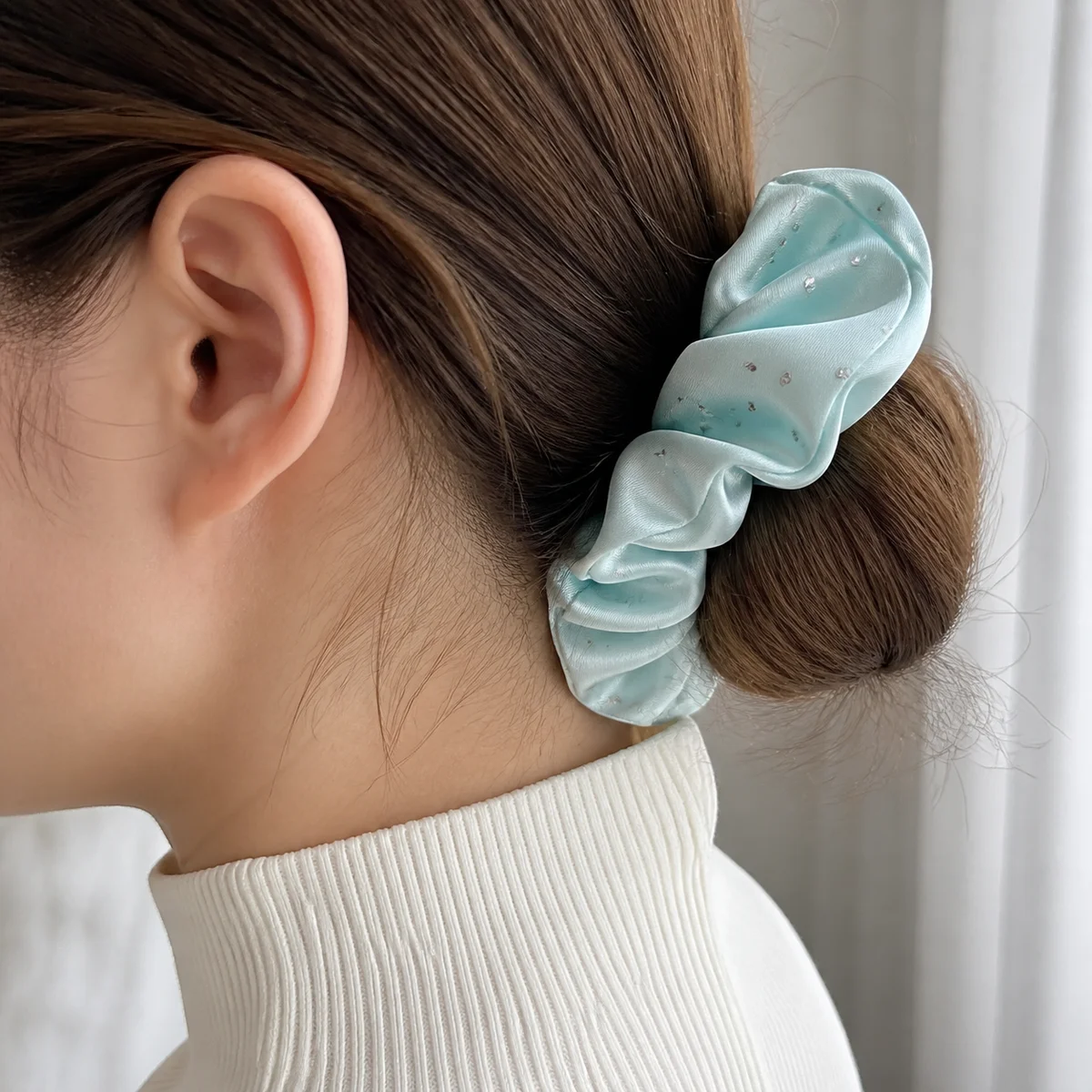 Pale Icy Mint Blue Silver Dot Satin-Like Single-Layer Hair Scrunchie for Ponytails and Buns 3