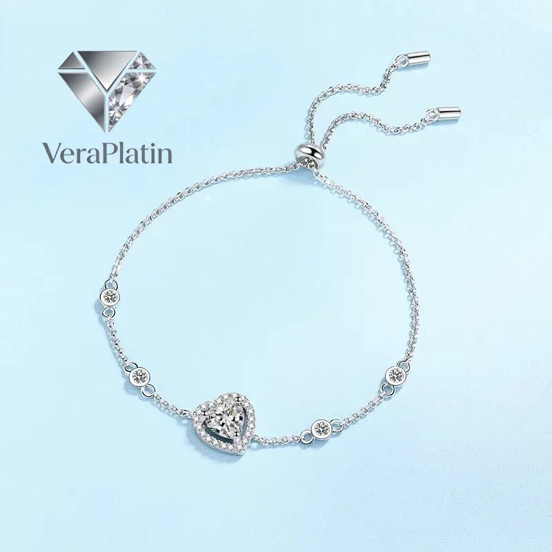 VeraPlatin	Girl Valentine's Day 18K White Gold Bracelets 1CT Moissanite Diamond Daughter Birthday Gift Women Platinum PT950 Fine