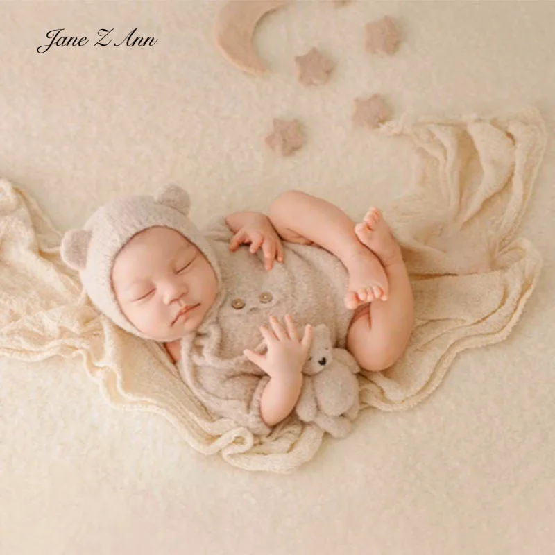 

Newborn baby photography outfit photo prop set beige bear hat with ears knitted romper soft bubble wrap matching plush bear