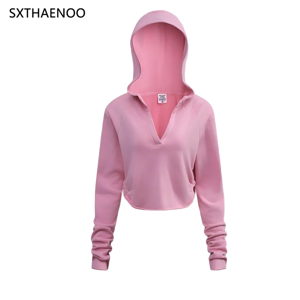 SXTHAENOO 2025 خريف جديد الأوروبية والأمريكية الرجعية التوابل فتاة الخامس الرقبة مطوي قصيرة مقنعين قميص قطني بكم طويل Soild تي شيرت المرأة #5