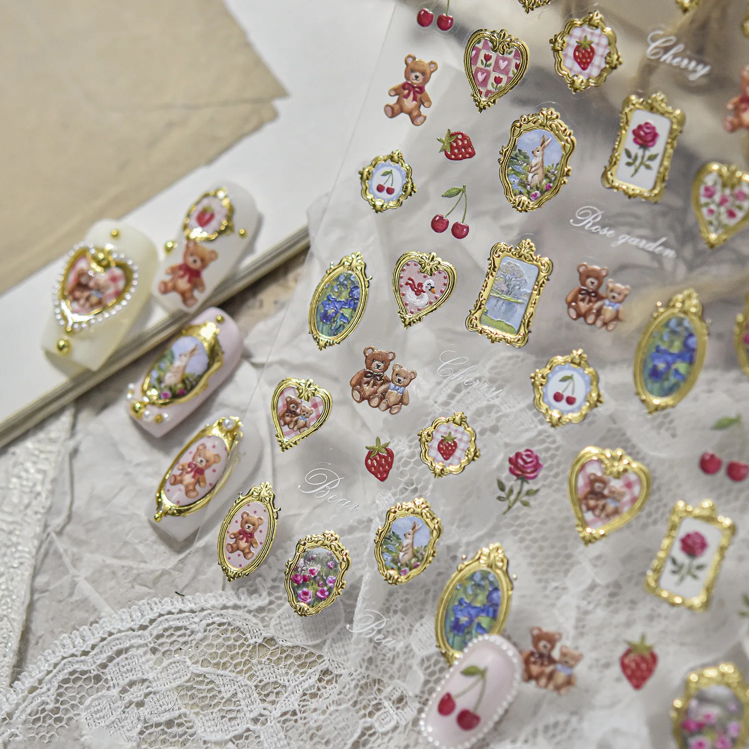 Vintage Cute Teddy Bear Nail Stickers Golden Borders Flower Fruit Nails Design Self Adhesive Nail Decoration Stickers Supply DIY