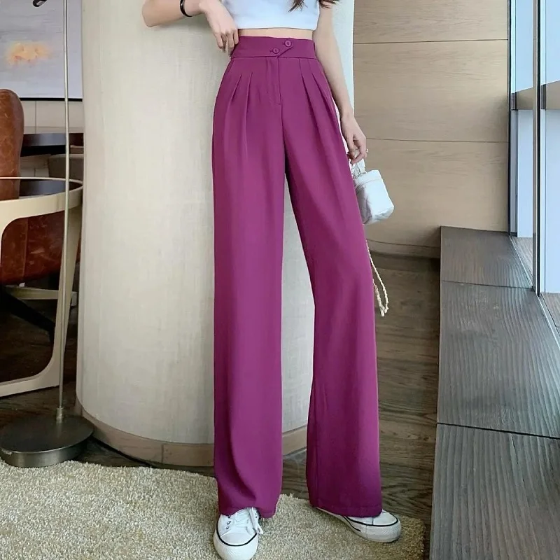 Women\'s Summer Casual Wide Leg Pants Button Slim Straight Leg Long Trousers Elastic High Waist Suit Pants Versatile For Women