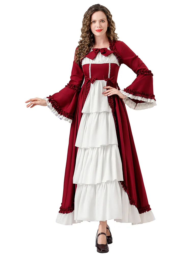 Victorian Costume Lolita Lace Cake Layer Dress Women Tiered Ruffle Princess Rococo Ball Dance Party Carnival Halloween Outfit
