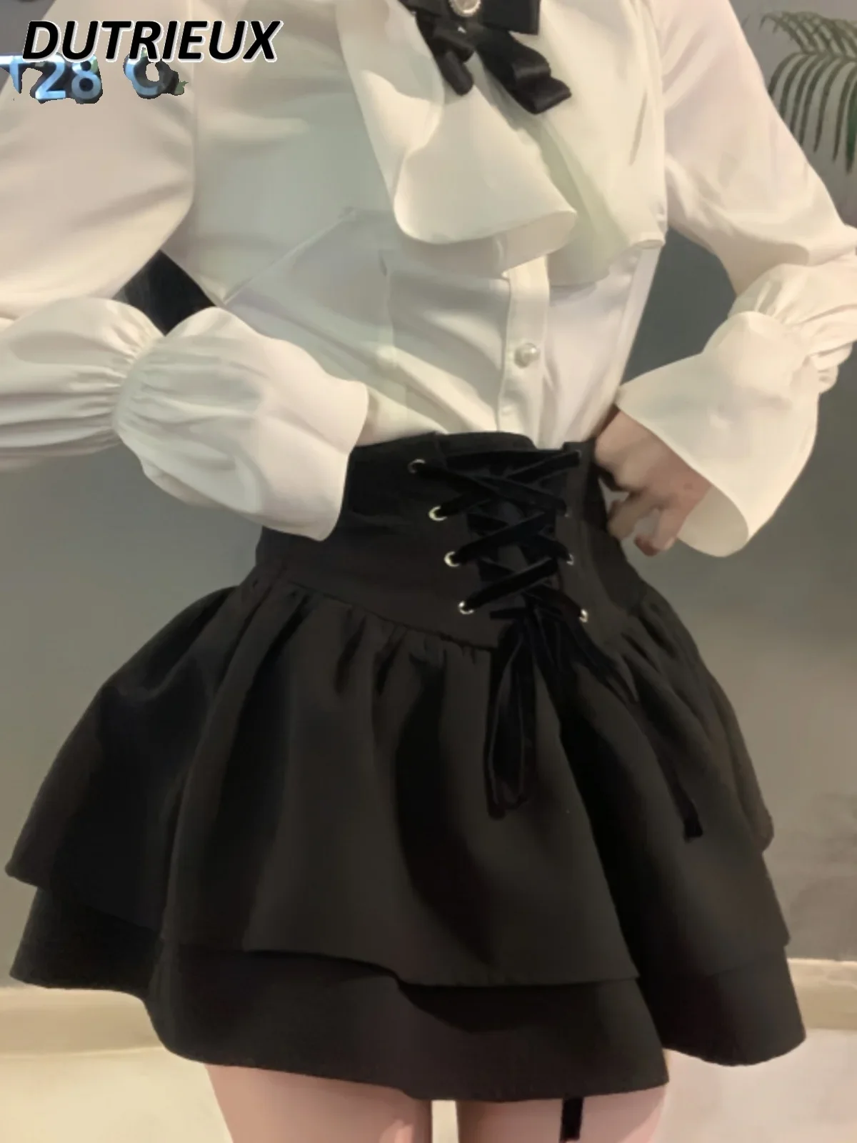 Summer Retro Court Style Stand-up Collar Top Long-sleeved White Shirt Black High-waisted Double-layer Tutu Skirt Set Outfits