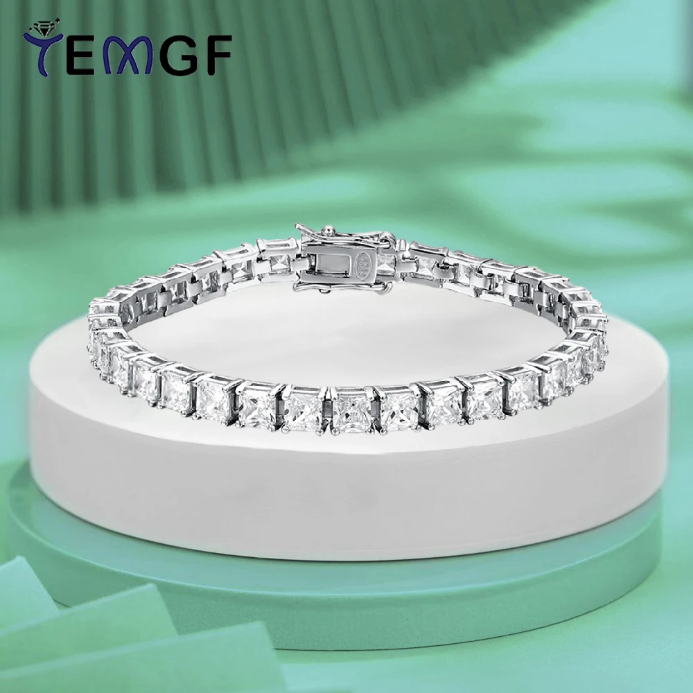

TEMGF Full Zircon Bracelet Princess Cut 100% Real S925 Sterling Silver Unisex Simple Fashion Fine Jewelry Birthday Surprise Gift