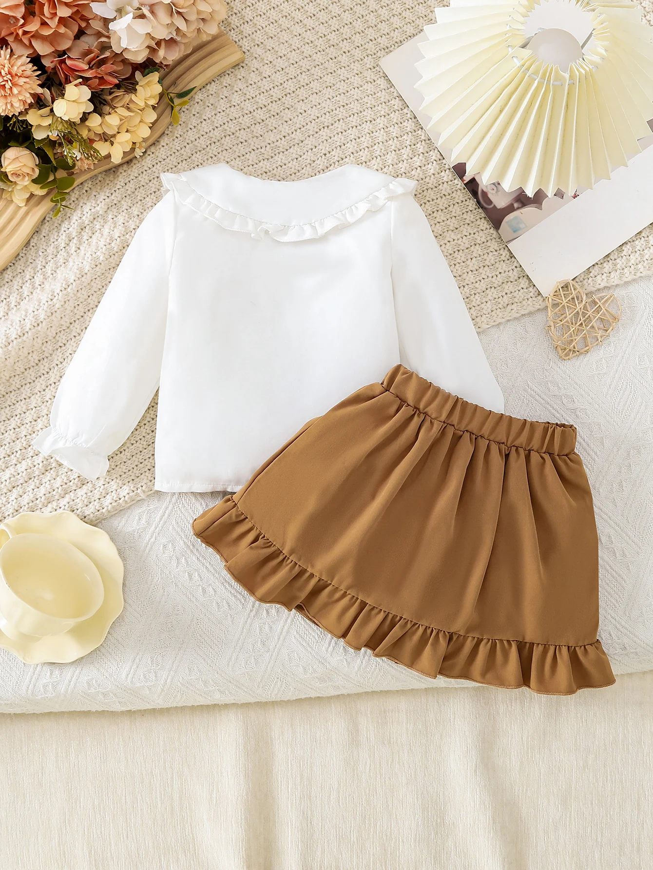 Children's Shirt And Skirt Set Long Sleeve Floral Embroidery Doll Collar Short Skirt with Lace Hemline Casual Occasions Wear