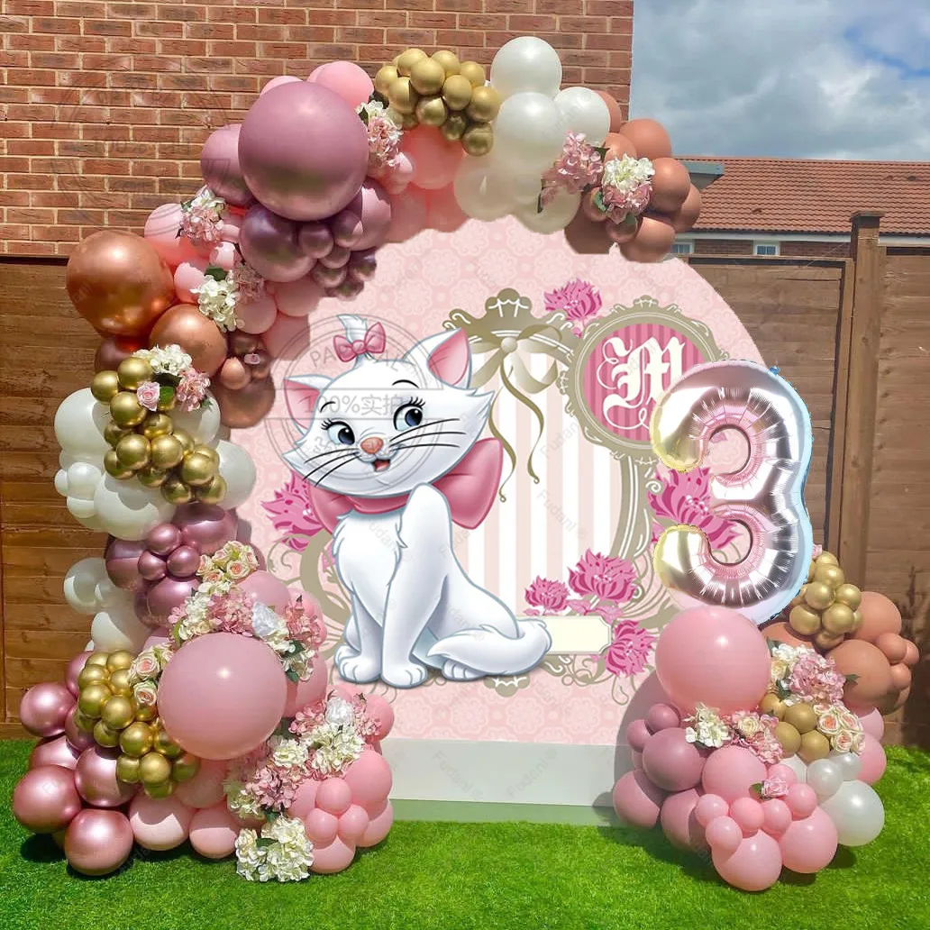 

141pcs Disney Pink Marie Cat Balloons Arch Garland Kit Age 3 4 5th Birthday Party Decorations White Peach Latex Balls Air Globos