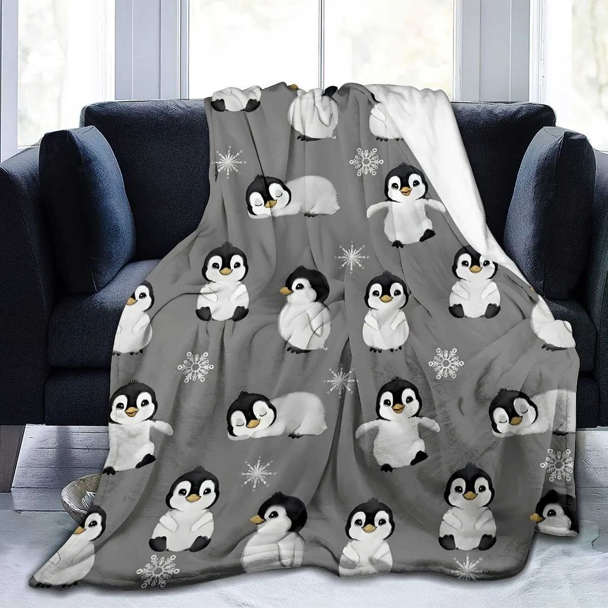 1 Stück Flanelldecke mit Pinguin-Aufdruck, grau, lustiges abstraktes Muster für Kinder und Erwachsene, universelle Decke, Bett, Sofa, multifunktional