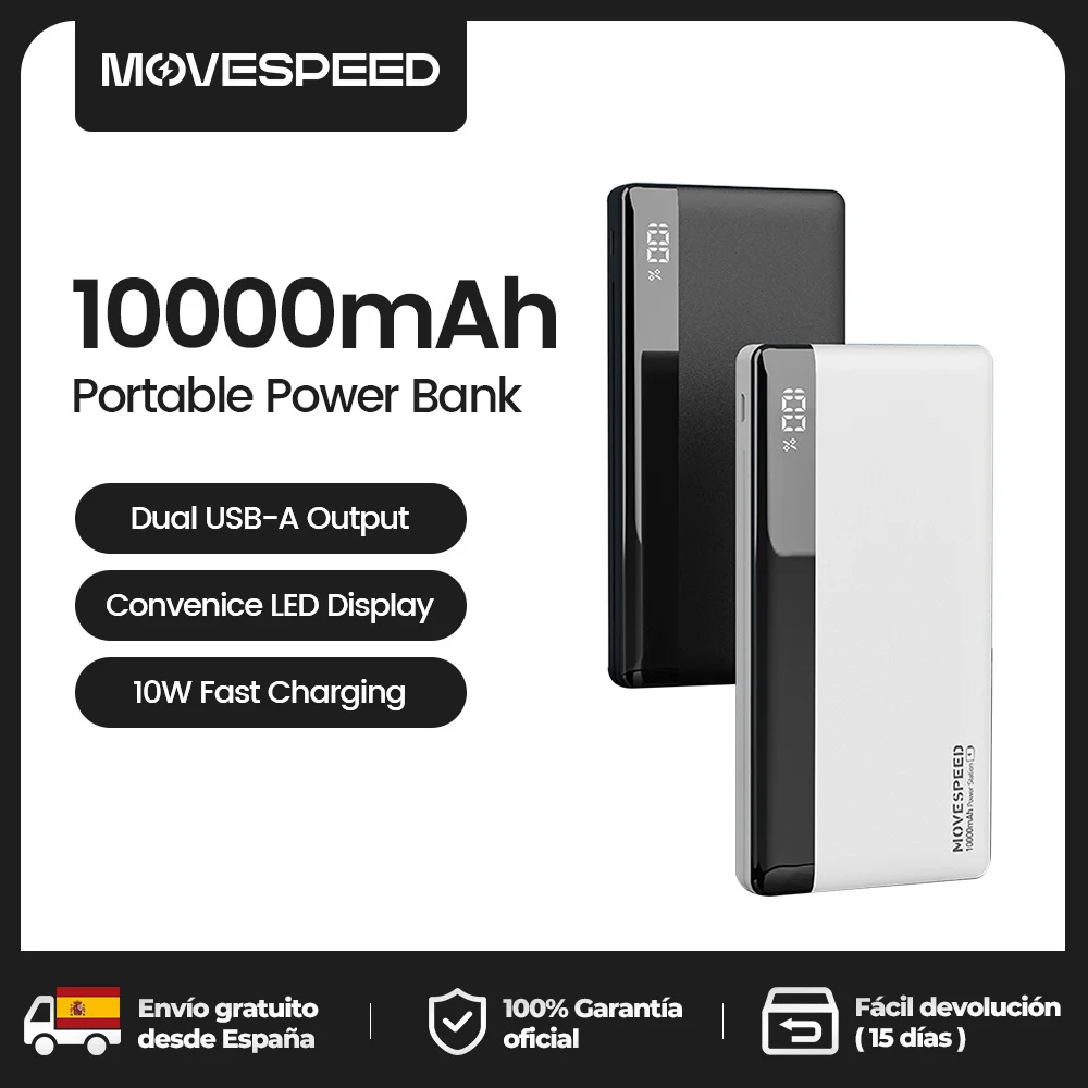 MOVESPEED K10 Szybkie ładowanie Power Bank 10000 mAh Podwójne porty USB A Zewnętrzna duża bateria do iPhone 15Pro Samsung S23 Xiaomi 14