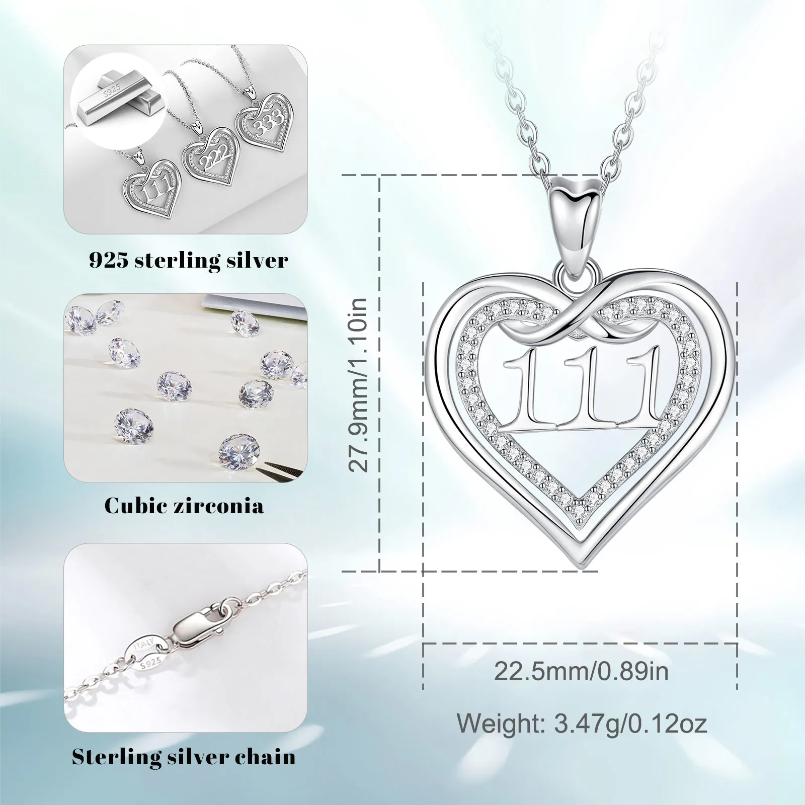 Eudora 925 Sterling Silver Angel Number Necklace 111 222 333 444 