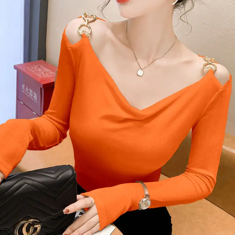 Fashion V-Neck Button Hollow Out Off Shoulder Blouse Women\'s Clothing 2023 Autumn New Oversized Casual Pullovers Sweet Shirt